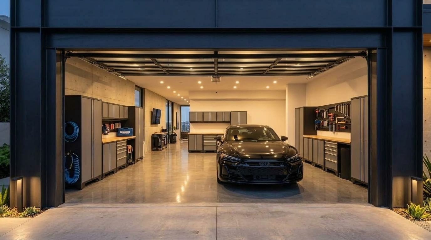 Short Garage Door Repairs Interior View of Custom Garage Door Overhead and Workshop